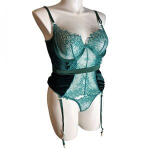 Sexy 2XL Plus Size Green Lace Satin Lingerie Bustier Chemise Babydoll Bodysuit
